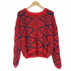 Freeway Cozy Soft Tribal Aztec SW Print  Red and Navy Fuzzy Knit Sweater Size S